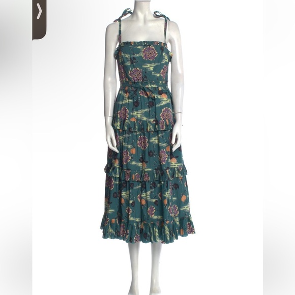 Ulla Johnson Dresses & Skirts - Ulla Johnson Lune Dress sz 12 Teal Print Strappy MIDI Cotton Ruffle tiered